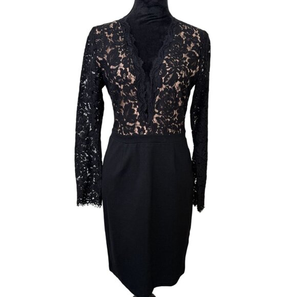 Lulus Womens Sheer Black Floral Lace Bodycon Dress with Plunging Neckline Party - Picture 2 of 10